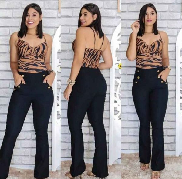 CALÇA FLARE SOCIAL BENGALINE COM BOTÃO