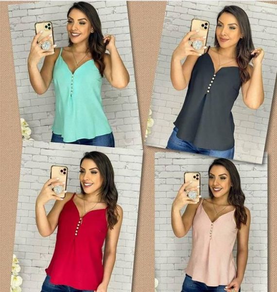 BLUSA REGATA CREPE COM BOTÃO PÉROLA